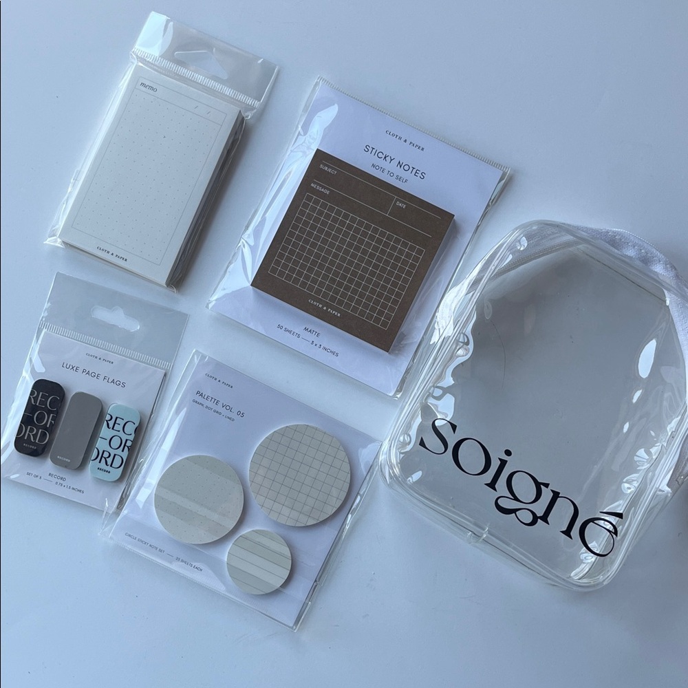 Cloth and Paper Bundle Clear Case and multiple Sticky notes and flags